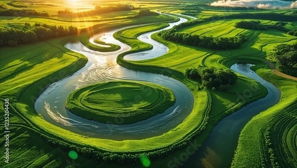 Fototapeta Aerial view of winding river through lush green fields