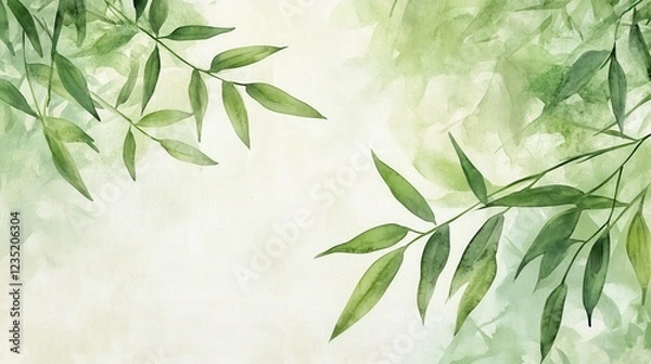 Fototapeta A detailed watercolor illustration of bamboo leaves in green tones, framed by a soft textured background.