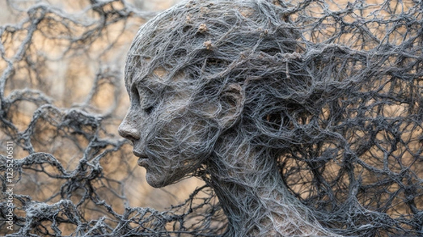 Fototapeta Conceptual portrait of a young woman with her face surrounded by branches and roots. Conceptual image of mental illness