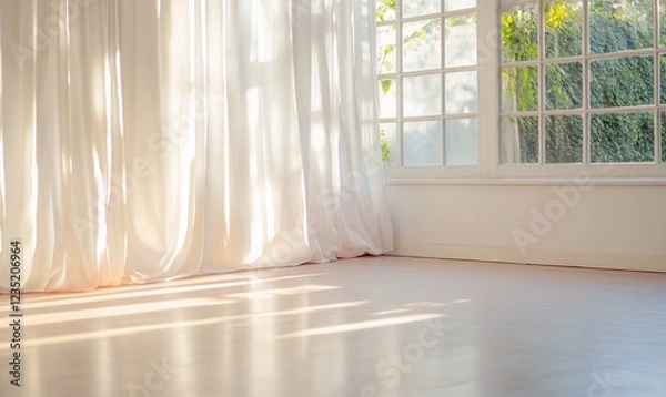 Fototapeta Sunlight streams through sheer curtains in a bright room