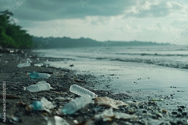 Fototapeta Concept of Ocean Conservation: Plastic Waste Pollutes a Beautiful Shoreline, Highlighting the Urgent Need for Environmental Action, Marine Protection, and Sustainable Waste Management