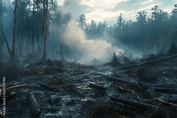 Fototapeta Environmental Devastation: The Impact of Deforestation and Forest Fires, Highlighting the Urgent Need for Climate Action and Sustainable Solutions