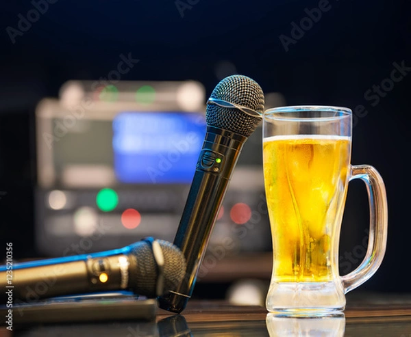 Fototapeta A close-up shot of two microphones and a glass of beer on a table in a japanese karaoke bar captured with a shallow depth of field to emphasize the subjects and atmosphere for karaoke enthusiasts.