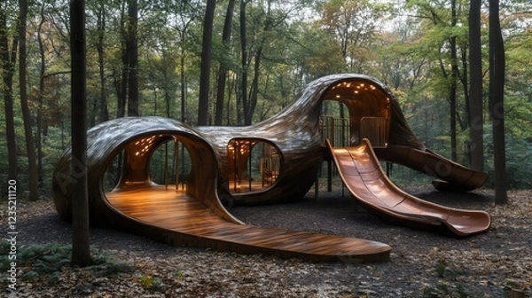 Fototapeta A large wooden structure with a slide and a playhouse