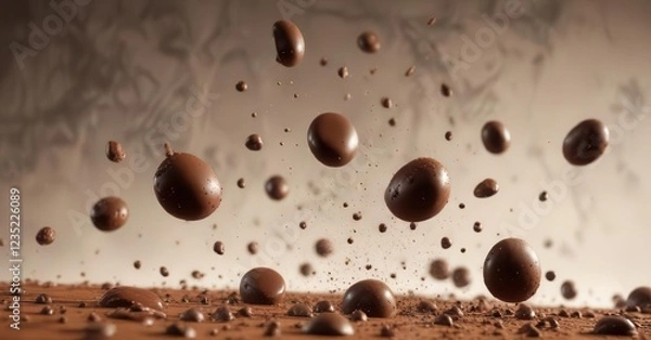 Fototapeta Chocolate drops falling horizontally in mid-air,  texture,  brown