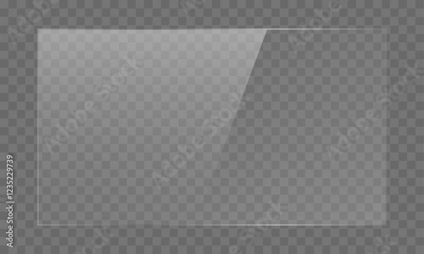 Obraz Clear, high-gloss acrylic sheet. Transparent plastic panel. Realistic glare and reflections on a transparent surface. Ideal for displaying items or designs. Vector illustration.
