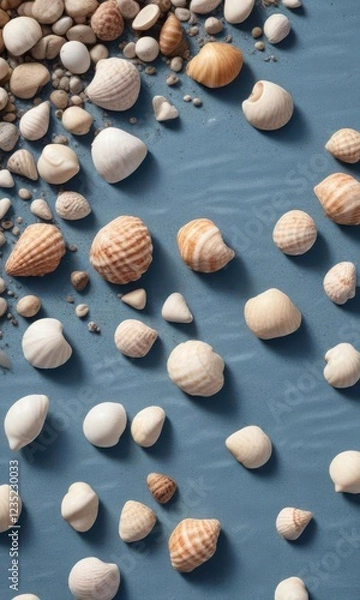 Fototapeta Close-up of seashells and pebbles scattered on a blue striped sandy surface,  coastal,  rocky