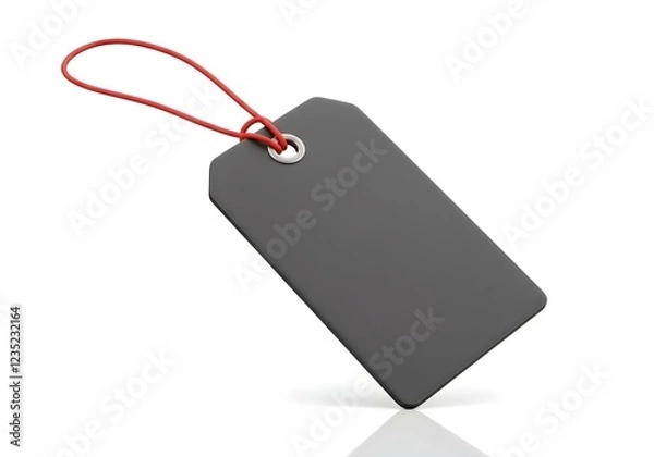 Fototapeta 3D blank price tag with a smooth finish, attached to a thin, red cotton string, isolated on a clean white background, with a slight reflection on the surface create with ai