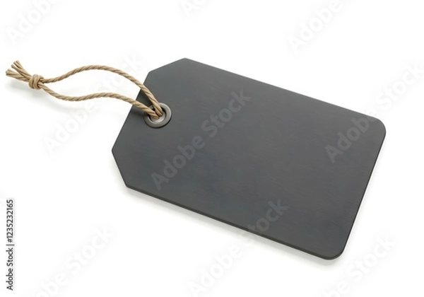 Fototapeta 3D blank price tag with a matte surface, connected to a rustic twine string, isolated on a stark white background, with soft lighting highlighting its edges create with ai