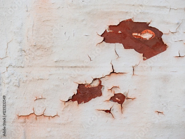 Fototapeta Aufgeplatzter weißer Lack mit rostigen Elementen an einer Hauswand