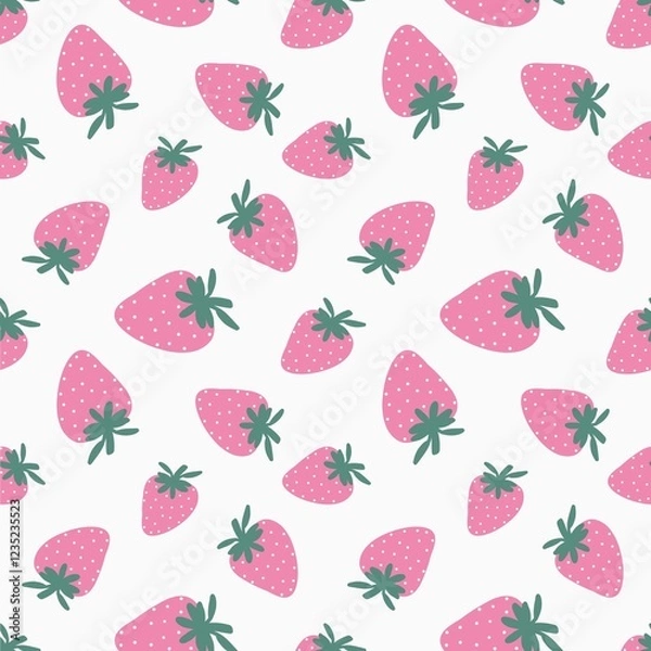 Fototapeta Hand drawn seamless strawberry pattern featuring sweet pink colors and a white background.