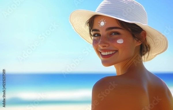 Fototapeta Photo of a woman with a sunscreen cream painted in the shape of a small sun on her face. She is wearing a white hat and smiling at the beach. The background is a clear blue sky and sea. 
