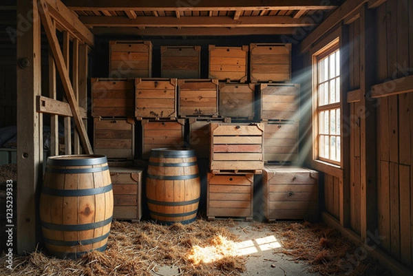 Obraz Vintage crates and barrels stored in a rustic barn, illuminated by muted sunlight, showcasing treasures in storage and rustic charm.