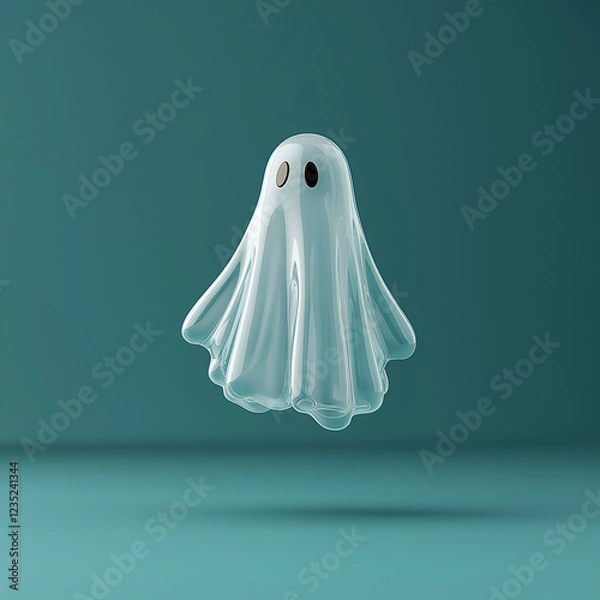 Fototapeta Niedliches, 3D-maniertes Gespenst mit schwarzen Augen vor turquoise Hintergrund

