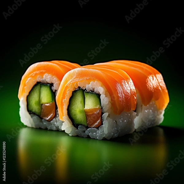 Fototapeta Frisch zubereitetes Sushi mit Lachs und Gurke auf glänzendem Untergrund

