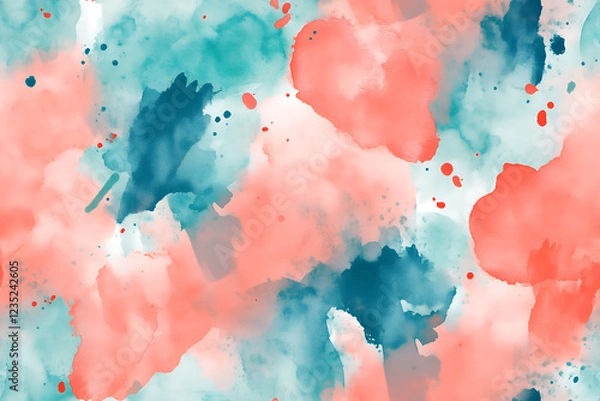 Fototapeta Teal And Coral Watercolor Splashes Seamless Pattern