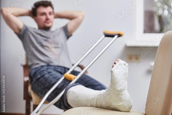 Obraz Close up of a young man's Plaster leg cast and after a running injury or fall