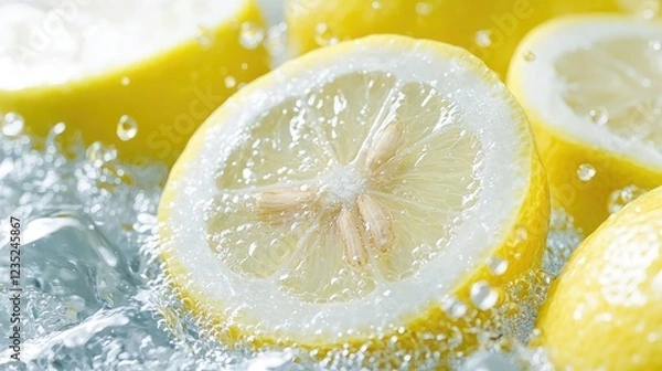 Fototapeta Fresh lemon slices splashing in water, close-up