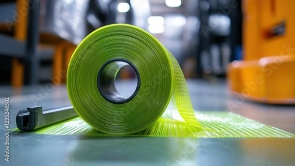 Fototapeta Close-up of a Green Stretch Wrap Roll in a Warehouse