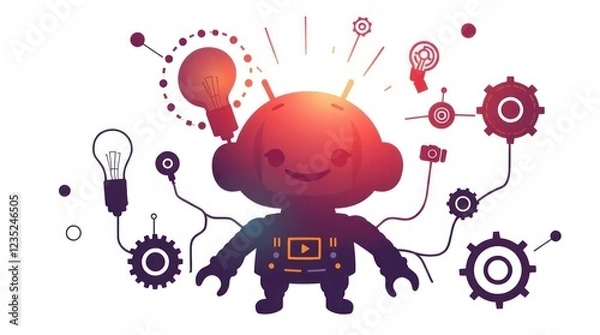 Fototapeta Abstract cartoon brain concept with creative technology elements