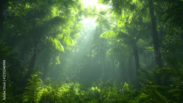 Fototapeta Sunbeams in lush rainforest, misty undergrowth, exploration backdrop