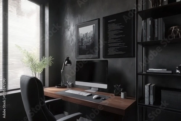 Obraz Dark modern home office with desk, computer, and bookshelf.