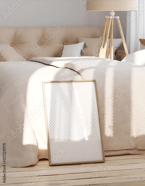 Fototapeta Mockup frame in bedroom interior background, light bohemian room, 3d render
