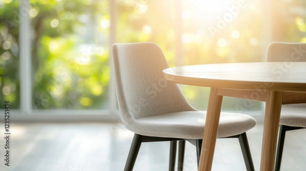 Obraz Modern dining chair with sleek design and round wooden table in a minimalist dining area with neutral tones and bright natural light coming from a large window with a blurred outdoor view