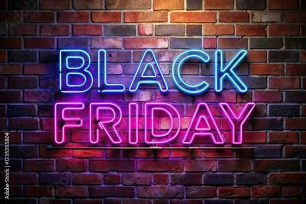 Obraz Black Friday Neon Letters on Brick Wall - Low Light Photography