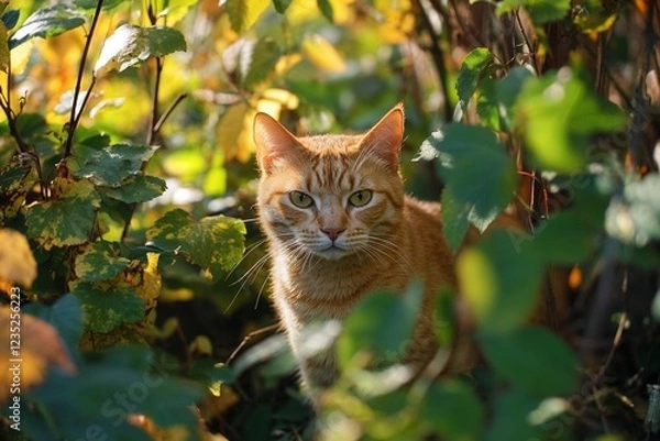 Fototapeta Curious Ginger Cat Nestled Among Golden Autumn Leaves in Sunlight