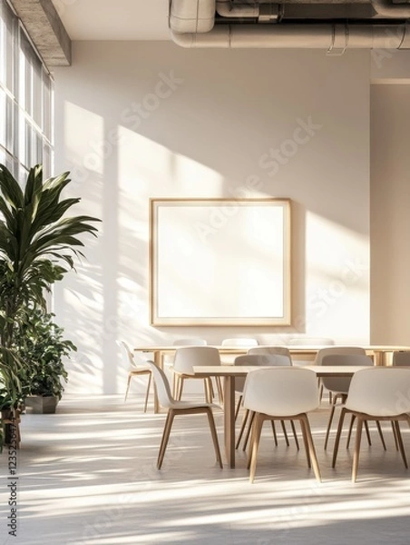 Fototapeta Light designer meeting room interior with furniture, empty mock up presentation frame and daylight. 3D Rendering