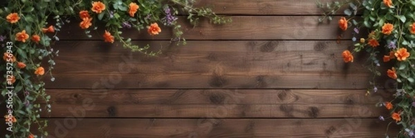 Fototapeta Flourishing floral swirly vines on distressed wooden background,  rustic charm,  natural elements