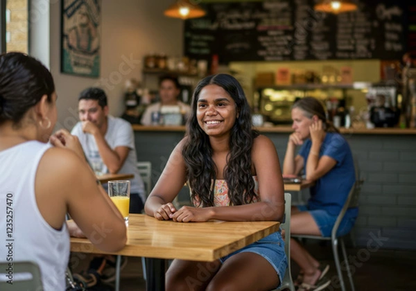 Fototapeta Friends enjoying a relaxed conversation at a cafe during a sunny afternoon.