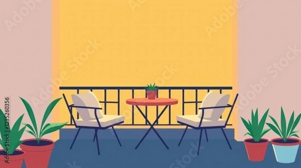 Obraz Illustration vector of bright patio with colorful chairs and a table, surrounded by warm, sunny hues