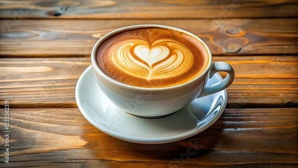 Obraz Close Up White Coffee Cup Latte Art Heart Wood Table Rule of Thirds