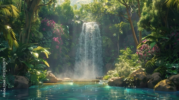 Fototapeta Waterfall in a Tropical Setting: Water cascading down into a clear pool surrounded by lush vegetation.
