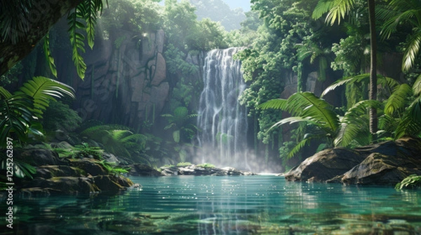 Fototapeta Waterfall in a Tropical Setting: Water cascading down into a clear pool surrounded by lush vegetation.

