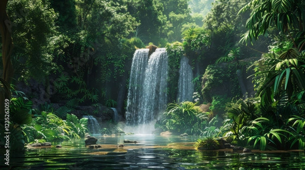 Fototapeta Waterfall in a Tropical Setting: Water cascading down into a clear pool surrounded by lush vegetation.
