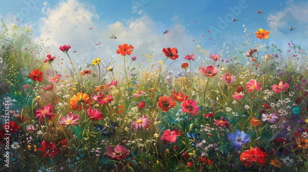 Fototapeta Wildflower Meadow in Spring: A field bursting with colorful flowers and buzzing insects. 