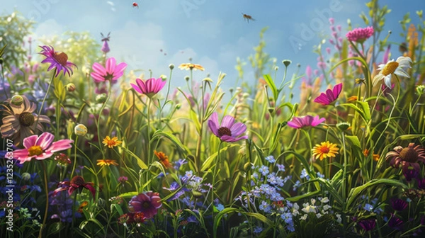 Fototapeta Wildflower Meadow in Spring: A field bursting with colorful flowers and buzzing insects. 