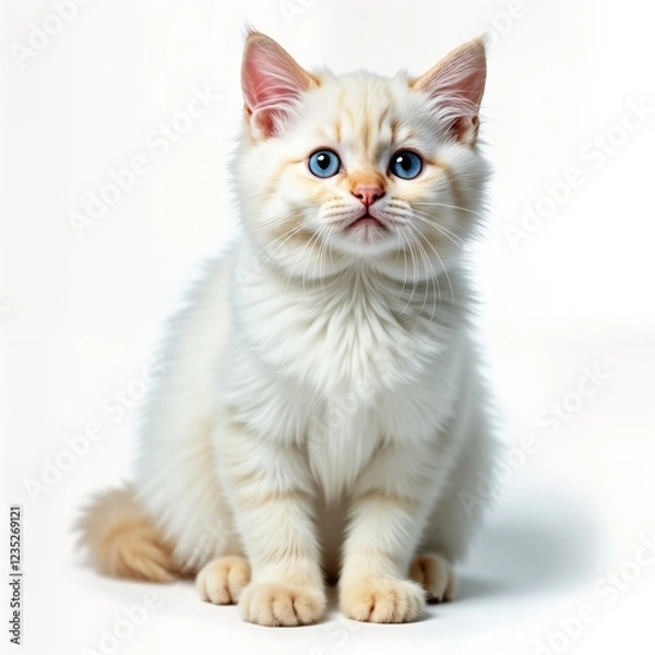 Obraz Adorable cream-colored kitten looks directly at camera. Cute pet on plain white background. Fluffy fur, blue eyes. Perfect for pet lovers, animal enthusiasts. Picture ideal for websites selling cat