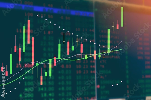 Fototapeta Wyświetlanie giełdowych danych giełdowych giełdowych giełd na monitorze, wykresu wykresu giełdowego na giełdzie.