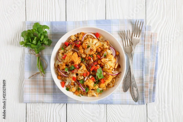 Fototapeta cauliflower chickpea quinoa salad in a white bowl