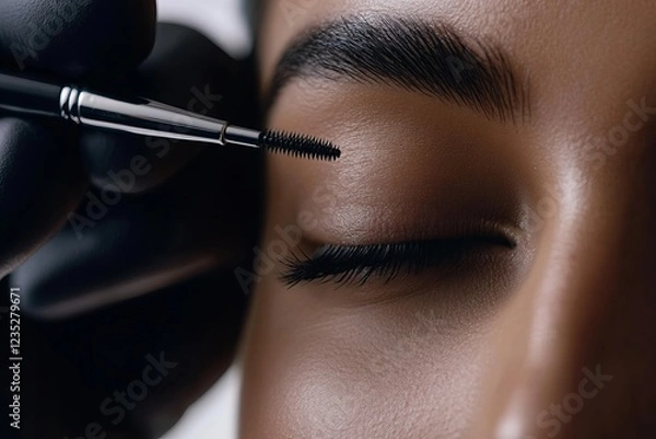 Fototapeta Close-up of a beauty professional applying eyebrow makeup with precision, highlighting elegance, cosmetics, and self-care