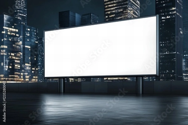 Fototapeta Large illuminated blank billboard on a rooftop with a modern city skyline at night, perfect for advertisements, branding, or digital media