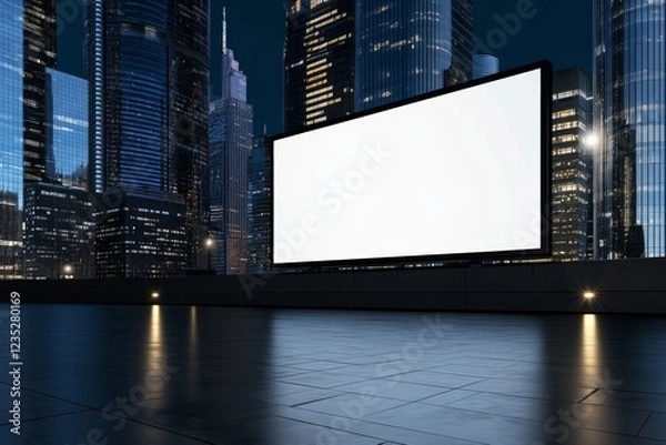 Fototapeta Large blank digital billboard on a rooftop in a futuristic city at night, perfect for advertisements, branding, and marketing campaigns
