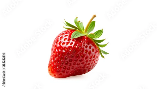 Fototapeta A close-up of a single fresh red strawberry with green leaves on a white background, showcasing its natural texture, ripeness, and organic sweetness.