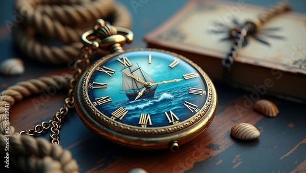 Fototapeta A vintage pocket watch features a detailed sailboat illustration on its dial, blending nautical charm with classic timepiece elegance.