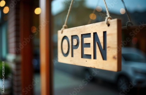 Fototapeta Wooden open sign hangs on shop window. Store open. Bokeh effect from background. Vintage shop. Busy city scene. Commercial photo stock image. Suitable for business marketing materials online
