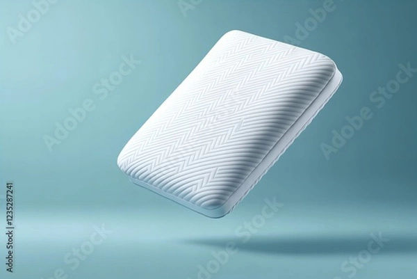 Fototapeta A premium memory foam pillow floating against a soft blue background, symbolizing comfort, support, and luxury sleep